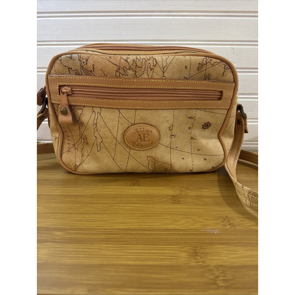 Vintage Allan Edward World Map Crossbody Bag Leather Trim Cartography Purse